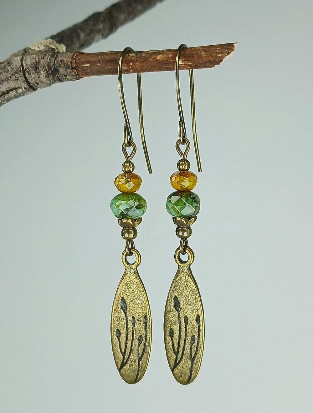 Botanical Brass Earrings Green Czech Glass Wildflower Artisan Hand Crafted - Picture 3 of 7